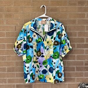 Floral Popover Blouse with Zip Collar - Multicolor